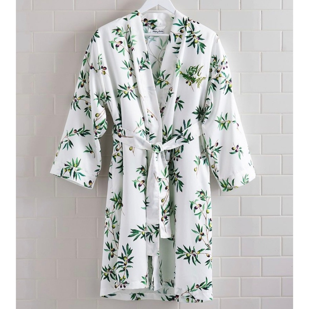 Monique Lhuillier Pottery Barn Olive Branch Robe White Green M/L Satin Floral